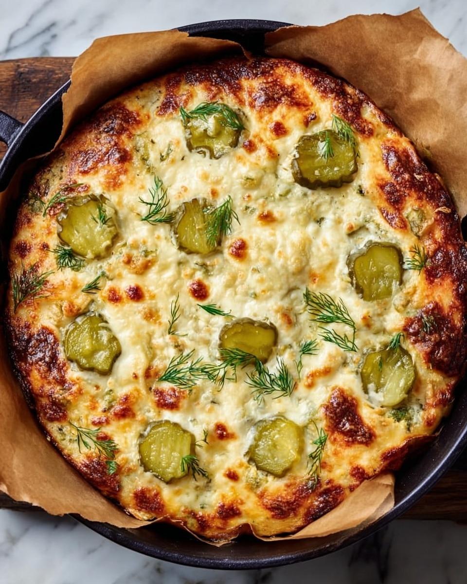 The image shows a round dish baked in a black cast iron pan lined with brown parchment paper. The top layer is thick, bubbly, and golden-browned melted cheese with browned spots. Underneath the cheese, there are several slices of bright green pickles scattered evenly on the surface. Small sprigs of fresh green herbs, likely dill, are spread around the pickles. The edges of the dish have a slightly crispy texture where the cheese browned more. The pan is placed on a white marbled surface. Photo taken with an iphone --ar 4:5 --v 7