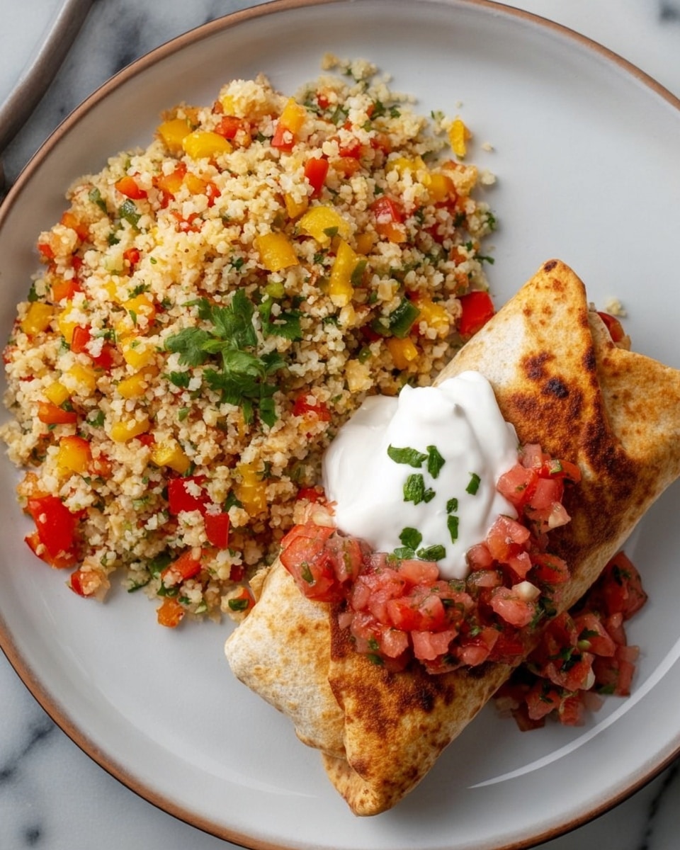 A white plate holds a meal with two main parts: on the left side is a mound of finely chopped cauliflower rice mixed with small pieces of red, yellow, and green bell peppers, giving it a colorful, textured look; on the right side is a golden brown, grilled burrito topped with a dollop of smooth white sour cream and a small heap of fresh, chunky red salsa with bits of tomato and green pepper. The plate sits on a white marbled surface. photo taken with an iphone --ar 4:5 --v 7