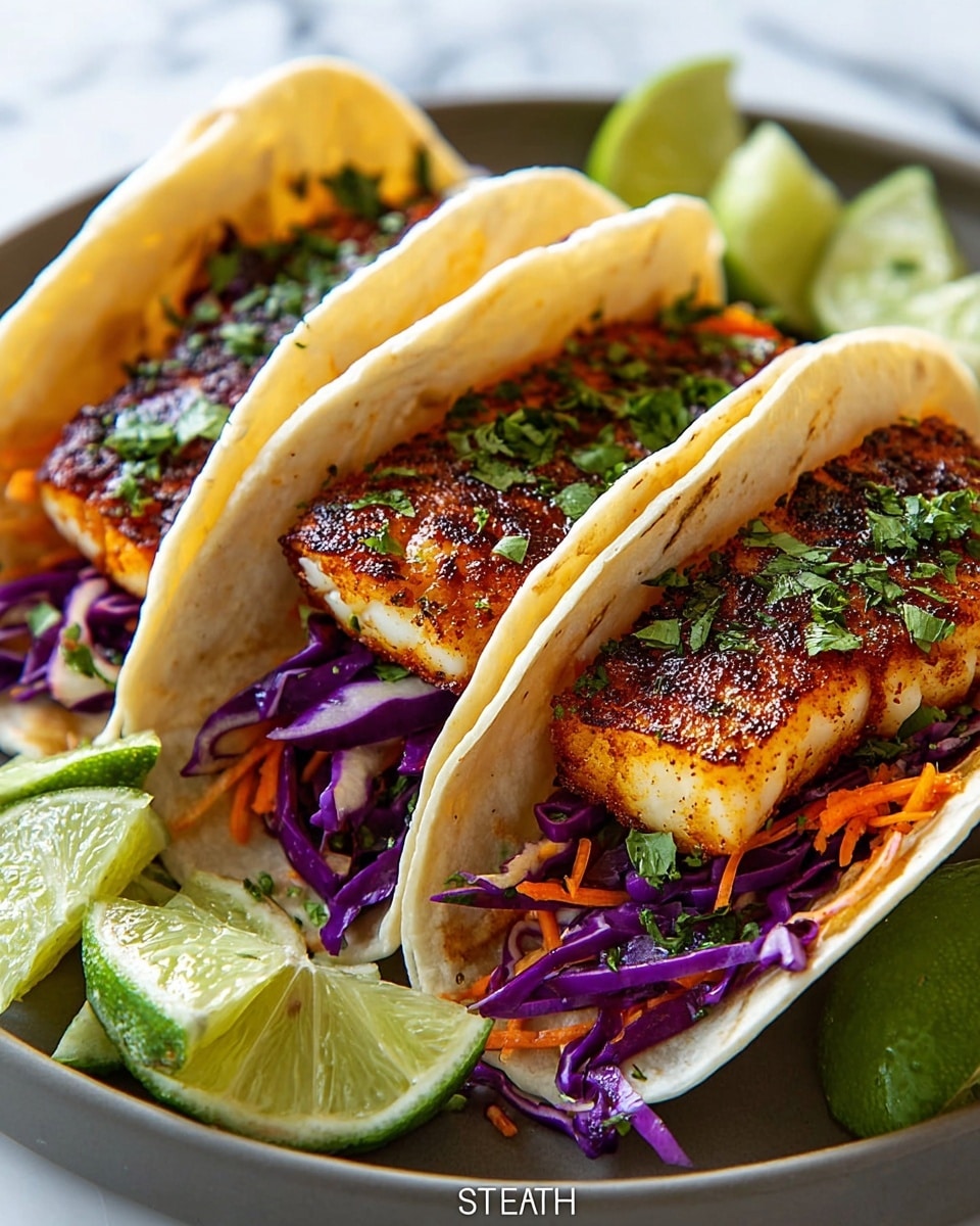 The image shows three soft corn tortillas, each folded and filled with a thick, golden-brown grilled fish fillet on top, which has a slightly crispy texture and is sprinkled with green chopped herbs. Under the fish, there is a layer of shredded purple cabbage and thin orange carrot strips, adding color and crunch. The tacos sit on a round white plate, with several lime wedges placed around them for garnish. The setting features a white marbled surface in the background, giving a clean and fresh look. photo taken with an iphone --ar 4:5 --v 7