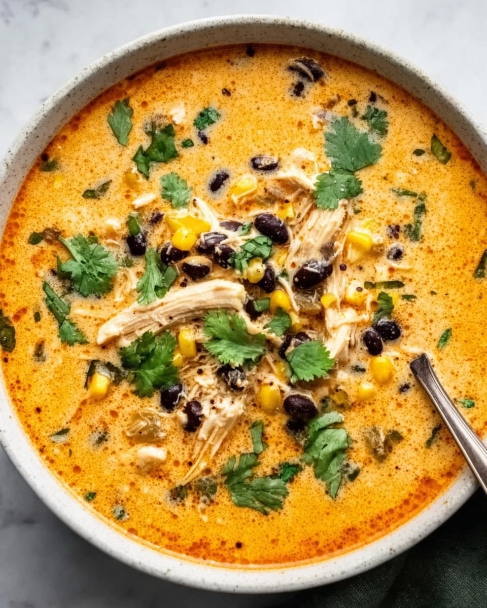 A white bowl filled with a creamy orange soup that is thick in texture, topped with shredded chicken spread evenly across the surface, black beans scattered throughout, and garnished with fresh green cilantro leaves. Small chunks of yellow corn are mixed into the soup, adding contrast to the orange base. A silver spoon rests on the side inside the bowl, all set on a white marbled surface. photo taken with an iphone --ar 4:5 --v 7