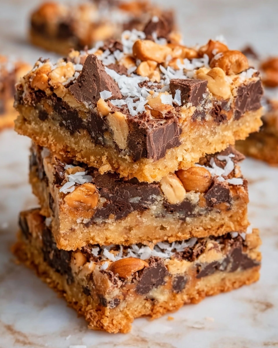 The image shows a stack of three dessert bars on a white marbled surface, each bar having three clear layers. The bottom layer is golden brown and crumbly, like a cookie crust. The middle layer is filled with a mix of large chocolate chunks and orange-colored pieces, making it look thick and chewy. The top layer is a mix of white shredded coconut and chopped nuts, adding a textured and rough look. Around the bars, some nuts and crumbs are scattered, adding a casual feel. The lighting is bright and soft, showing the details and colors clearly. Photo taken with an iphone --ar 4:5 --v 7