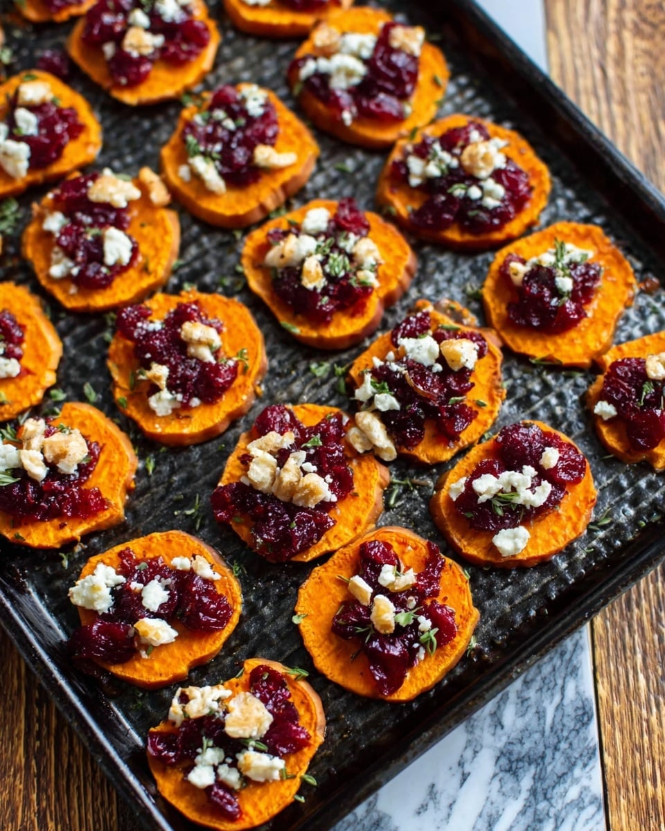 The image shows many small round pieces of roasted orange sweet potato arranged in neat rows on a large dark baking tray. Each sweet potato slice is topped with small bits of white cheese and a dark red topping that looks like cranberry sauce or a berry compote. These toppings create a colorful contrast of white and deep red against the bright orange of the sliced sweet potatoes. The tray rests on a wooden surface with a white marbled texture visible around the edges. The photo taken with an iphone --ar 4:5 --v 7