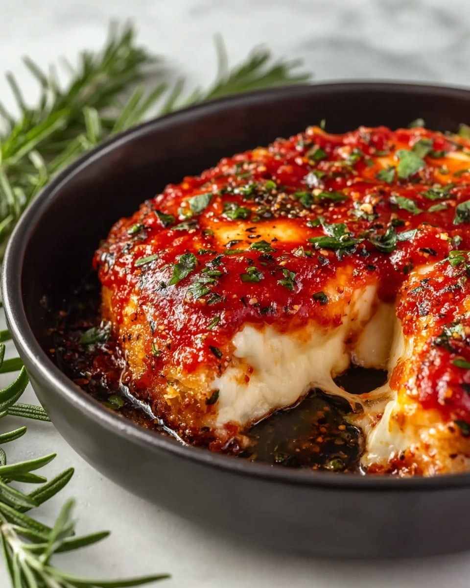 A round layered dish in a black bowl shows a thick bottom layer of melted white cheese with a soft, gooey texture. On top, there is a bright red sauce layer that is shiny and slightly chunky, sprinkled with green herb leaves and small black pepper pieces. A piece of this dish is missing, revealing the stretchy cheese inside. The bowl sits on a white marbled surface with fresh green rosemary sprigs nearby. photo taken with an iphone --ar 4:5 --v 7