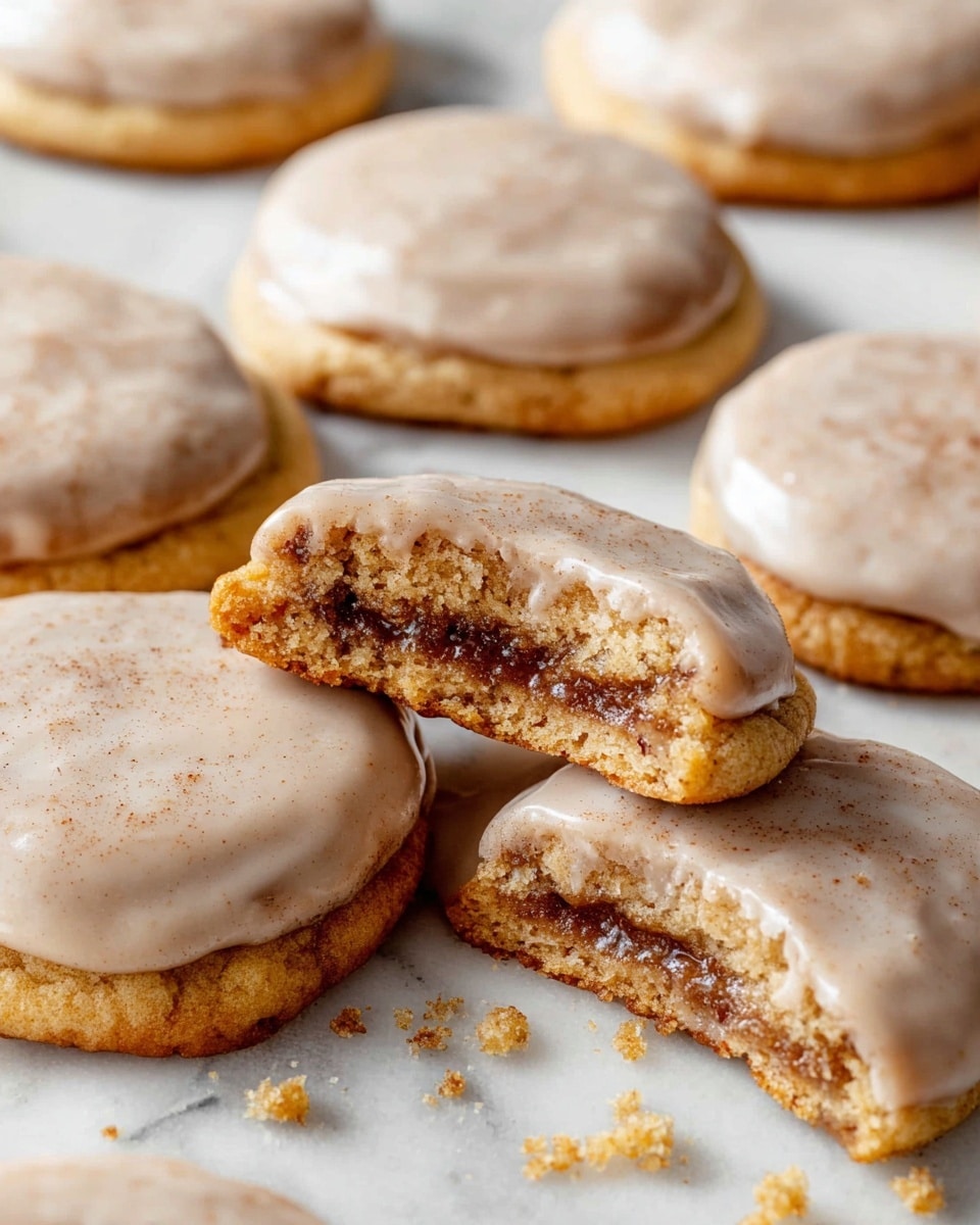 A group of round cookies with a light brown, smooth cinnamon glaze sits scattered on a white marbled surface. Each cookie has one layer of soft, golden-baked dough topped with a thick, matte, creamy glaze that has a light cinnamon speckled look. One cookie is broken in half, showing a dark brown, gooey, cinnamon-spiced filling sandwiched inside the light dough layers. Small sugar crumbs are spread lightly around the cookies. Photo taken with an iphone --ar 4:5 --v 7