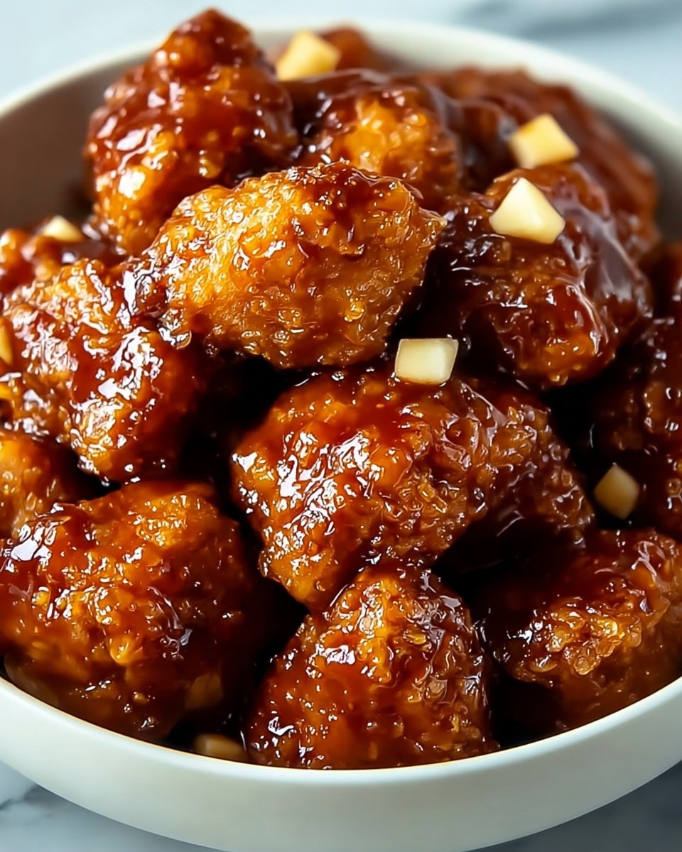 The image shows a close-up of crispy fried chicken pieces covered in a thick, shiny brown sauce, layered closely on top of each other in a white bowl, with small pale yellow cubes sprinkled among the chicken. The chicken pieces are golden-brown with a textured, crunchy surface visible under the sticky glaze. The shiny sauce reflects light, giving the pieces a glazed, appetizing look, and the white cubes add a soft contrast in color and shape. The bowl rests on a white marbled surface. photo taken with an iphone --ar 4:5 --v 7