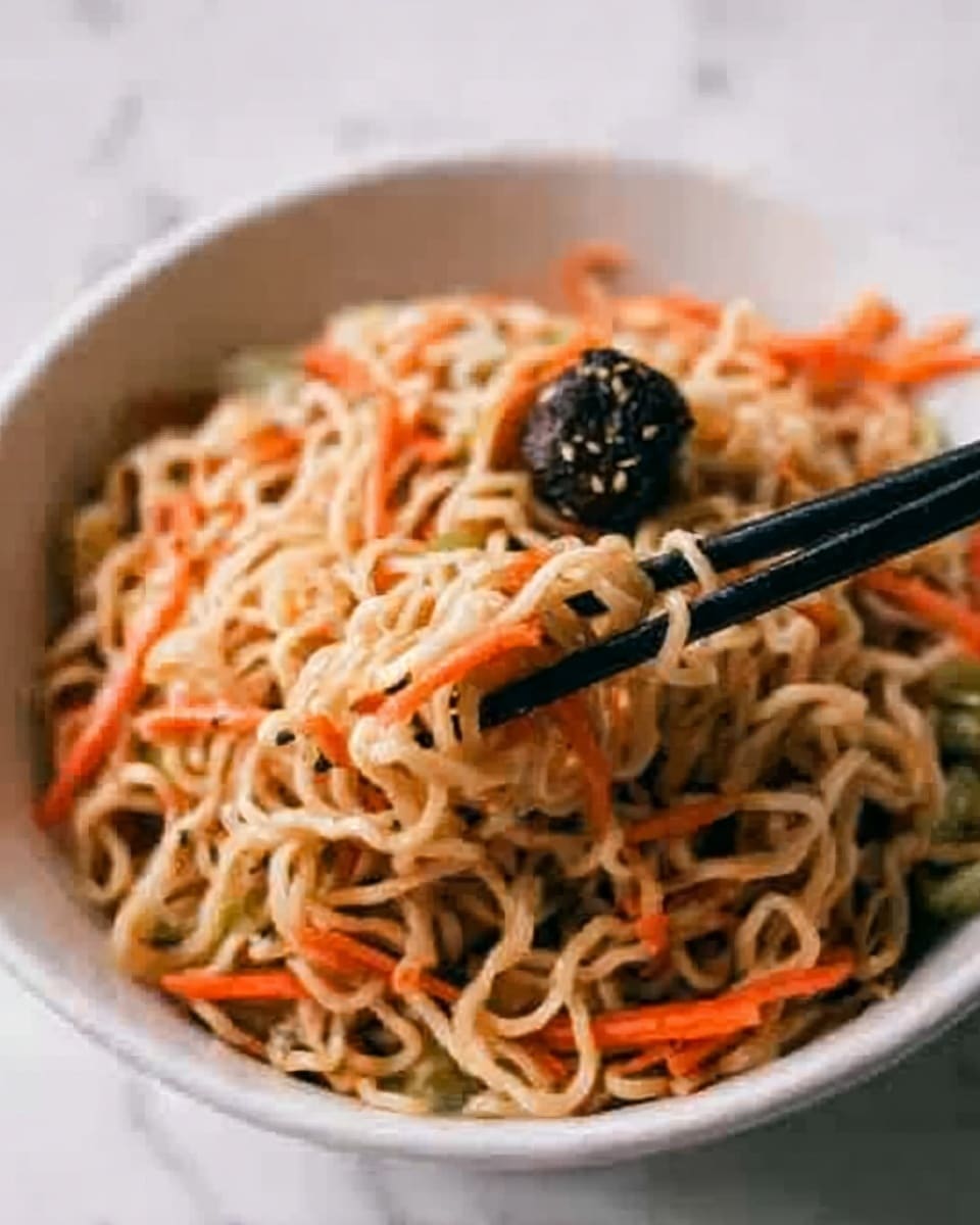 The image shows a close-up of noodles with strips of orange carrot mixed in. The noodles are light brown and appear soft and slightly shiny. There is a dark brown or black piece of food held by black chopsticks near the center, above the noodles. The bowl is white and round, filled with the noodles and vegetables. The background and surface are white with a marbled texture. Photo taken with an iphone --ar 4:5 --v 7