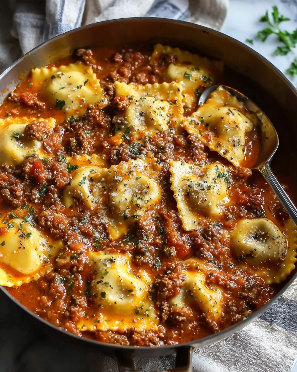 The dish shows a close-up of a pan filled with freshly cooked ravioli in a rich meat sauce. The ravioli are plump and square with fluted edges, covered in a thick, orange-red sauce with visible chunks of browned ground meat and small pieces of tomato and herbs sprinkled on top. The sauce glistens with a slight oily sheen, and there are bits of black pepper and grated cheese scattered throughout. The pan is dark and round, sitting on a white marbled surface with a striped cloth partially visible at the bottom. A fork is inserted into one ravioli on the right side, ready to lift it. photo taken with an iphone --ar 4:5 --v 7