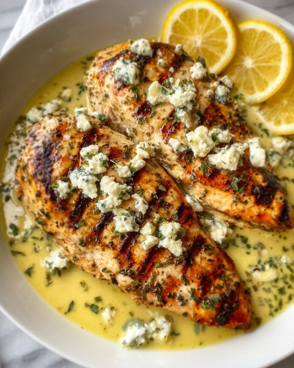 The image shows two grilled chicken breasts placed side by side on a white bowl filled with a light yellow sauce. Each chicken breast is seared with a golden brown crust, marked with dark grill lines, and topped with small crumbles of white cheese mixed with green herbs. Around the edges of the bowl, there are three bright yellow lemon slices arranged in a row. The background is a white marbled texture, and a woman's hand is slightly visible near the bowl. photo taken with an iphone --ar 4:5 --v 7