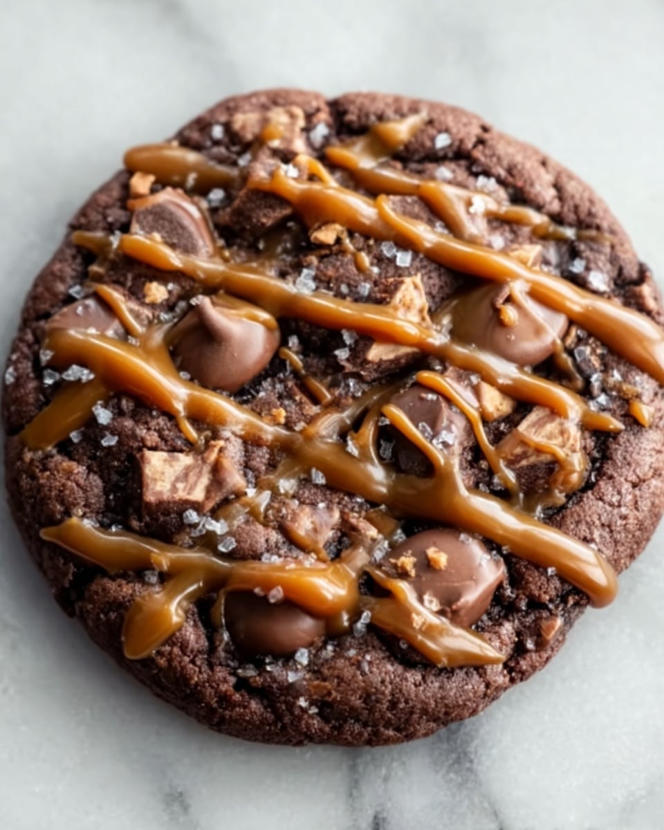A close-up image of a round chocolate cookie placed on a white marbled surface, topped with multiple uneven layers of melted milk chocolate chunks and small crisped bits. The cookie's texture appears soft and chewy with a dark brown color, and thick drizzles of glossy caramel sauce cross the top in an irregular pattern. Photo taken with an iphone --ar 4:5 --v 7