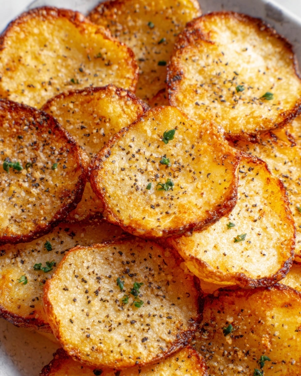 The image shows a close-up of several round, golden-brown roasted potato slices arranged closely together. Each potato slice has crispy, slightly curled edges with a crunchy texture and a soft, tender inside. There are small specks of black pepper and tiny green herbs sprinkled evenly over the top, adding a touch of color contrast. The potato slices rest on a white marbled surface. The lighting brings out the warm tones and texture details of the potatoes. Photo taken with an iphone --ar 4:5 --v 7