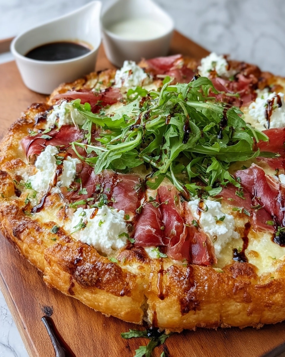 The image shows a close-up of a thick, golden-brown crust pizza placed on a wooden board with a white marbled surface underneath. The pizza has several layers: the base crust is puffy and slightly charred, topped with melted cheese that has white ricotta dollops scattered around. There are thin, curled slices of reddish-brown prosciutto spread on top, mixed with vibrant green arugula leaves in the center. Dark balsamic glaze is drizzled across the crust, adding a glossy texture. In the background, two white bowls hold dipping sauces, one light and creamy, the other dark and smooth, adding to the dish’s appeal. photo taken with an iphone --ar 4:5 --v 7