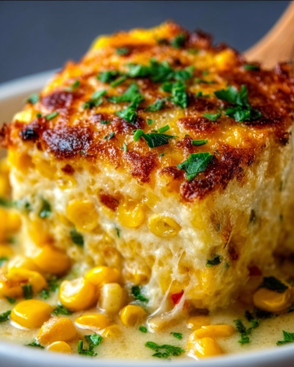 This image shows a thick, square slice of corn casserole on a white plate, with three visible layers. The bottom layer is soft with bright yellow corn kernels and creamy texture. The middle layer appears lighter yellow with a mix of soft cooked ingredients including some small red and green pieces. The top layer is browned and crispy with golden-brown spots and some green chopped herbs sprinkled all over, especially a thick bunch in the center. The dish looks warm and cheesy, and the white plate sits on a dark surface, but the background is blurred. photo taken with an iphone --ar 4:5 --v 7