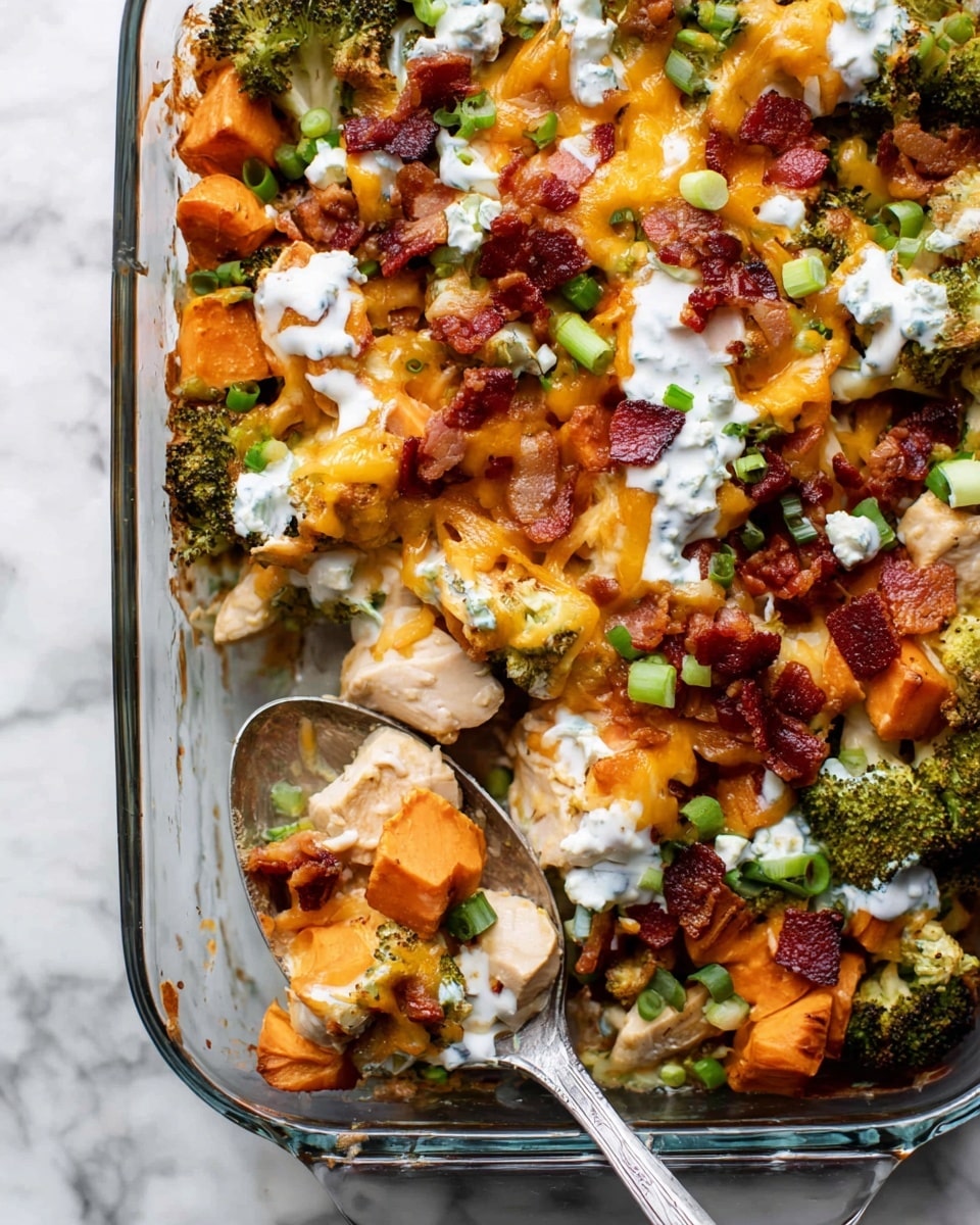 The image shows a baked dish in a clear glass baking dish placed on a white marbled surface. The dish has several layers: the bottom layer consists of roasted broccoli florets and chunks of sweet potato with an orange hue and soft texture; on top are pieces of cooked chicken breast in light tan color. These are covered with melted cheddar cheese that is orange and gooey. Scattered across the dish are small pieces of crispy bacon in dark red and brown shades, crumbles of white cheese, and chopped green onions adding fresh green hints. There are dollops of creamy white sauce unevenly spread over the top. A large silver spoon is inside the dish, scooping some of the food. Photo taken with an iphone --ar 4:5 --v 7