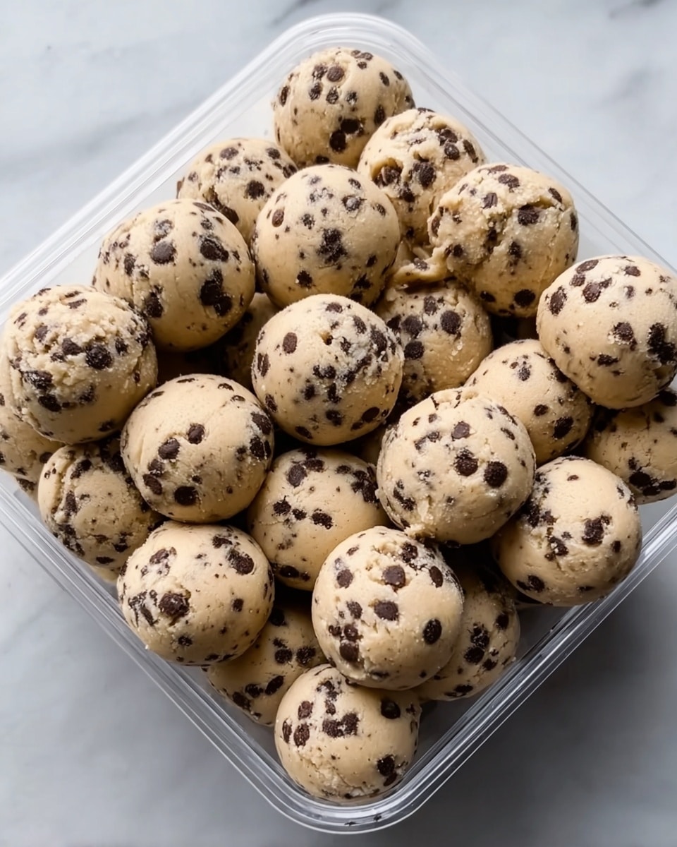 The image shows many round cookie dough balls with visible dark chocolate chips spread all over the light beige dough. The balls are closely packed inside a clear square container placed on a white marbled surface. Each dough ball looks smooth but chunky with some small cracks and uneven spots, showing texture in the dough. The chocolate chips are dark and scattered evenly across all layers of the cookie dough balls, making a nice contrast. Photo taken with an iphone --ar 4:5 --v 7