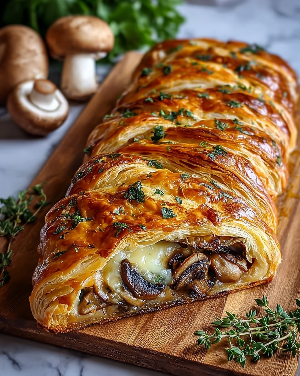 A golden brown braided pastry with a shiny, flaky crust topped with fresh green herbs sits on a wooden board. Inside, visible layers show sautéed dark brown mushroom slices mixed with melted, creamy pale yellow cheese, creating a rich filling. The braided layers of the top crust are puffed and crisp, with a slightly browned texture that contrasts with the soft, gooey filling. In the background, there are whole mushrooms and some fresh green herbs, all set against a white marbled surface. Photo taken with an iphone --ar 4:5 --v 7