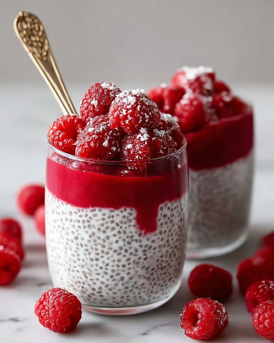 Two clear glasses contain a chia seed pudding with three visible layers. The bottom layer is white with tiny black chia seeds mixed evenly throughout, giving a textured look. The middle layer is a thin, bright red raspberry puree that slightly drips down into the pudding below. The top layer is a fresh pile of whole raspberries, bright red with small details of seeds and a few white flakes sprinkled on top. A vintage spoon with a gold handle rests inside one glass. Scattered fresh raspberries lie on a white marbled surface around the glasses. photo taken with an iphone --ar 4:5 --v 7
