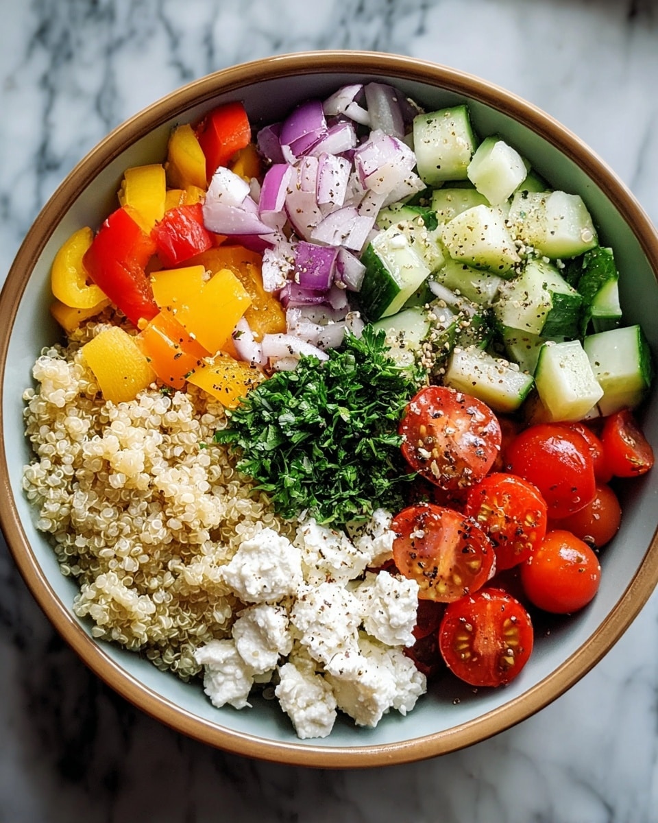 A bowl with five clear layers is shown on a white marbled texture. The bottom layer is light fluffy quinoa with small round grains. On top left is a layer of yellow and red diced bell peppers mixed with tiny green herbs. To the left is a layer of chopped red tomatoes, with some white creamy dollops sprinkled with black pepper. On the top right sits a layer of light green cucumber chunks, fresh and slightly shiny. The bottom right has bright red cherry tomatoes and purple onion slices, also with scattered white creamy bits. The whole bowl is garnished with a sprinkle of black pepper and small green herbs. photo taken with an iphone --ar 4:5 --v 7