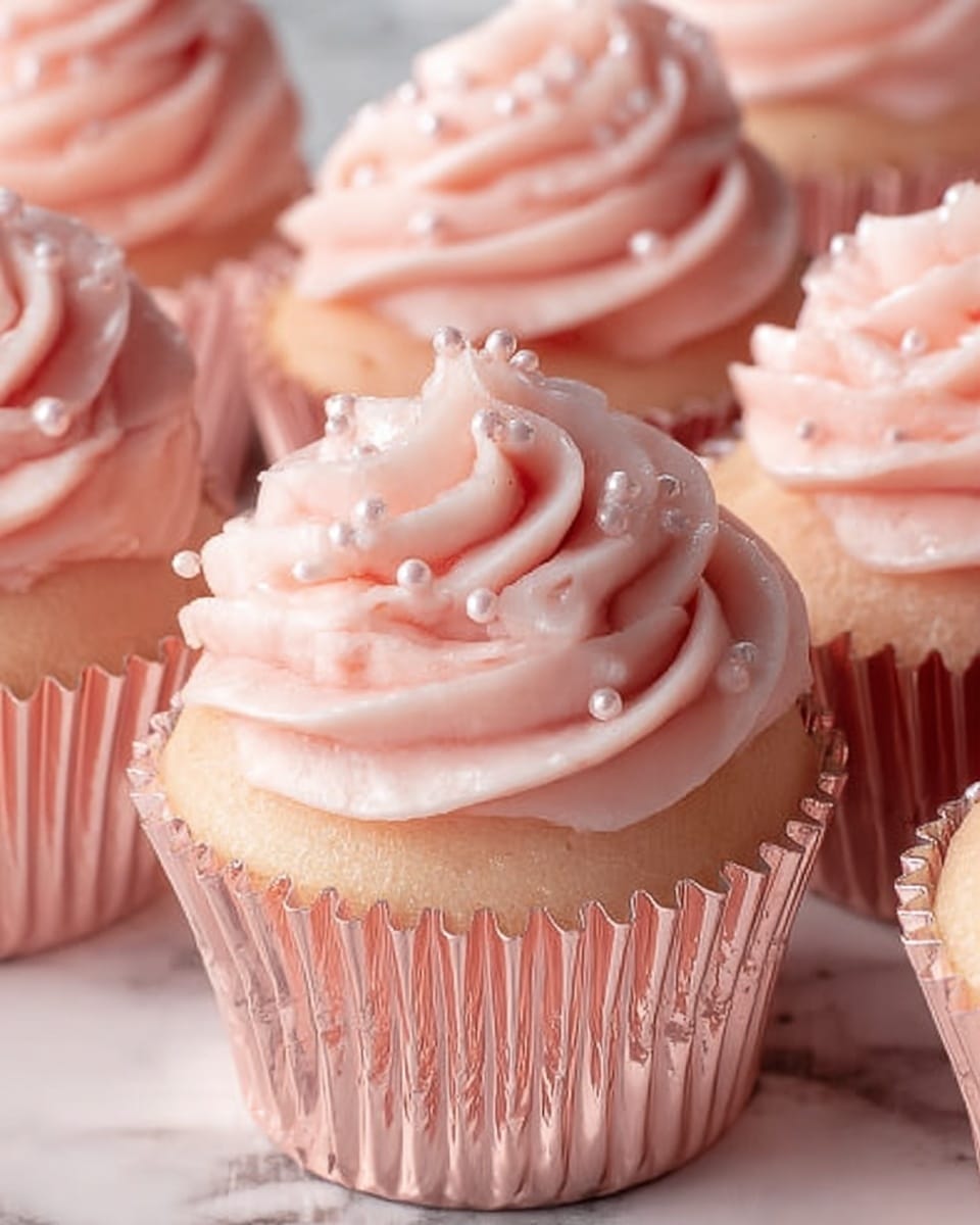 A close-up view of soft, light pink cupcakes in shiny, crinkled rose gold foil liners, each topped with one large swirl of creamy, pale pink frosting that looks smooth and fluffy, decorated with small pale pink pearl sprinkles scattered on the frosting's peaks; the cupcakes are set on a white marbled surface, showing several cupcakes in the background with the focus on the front one, capturing delicate textures and gentle pastel tones, photo taken with an iphone --ar 4:5 --v 7