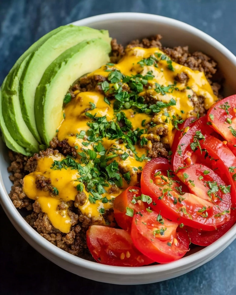 A white bowl filled with three main layers neatly arranged side by side: on the left, bright green fresh avocado slices that show smooth texture; in the middle, seasoned ground beef topped with melted yellow cheese sauce drizzled over it, creating a creamy texture, garnished lightly with chopped green herbs; on the right, fresh red tomato slices with visible seeds and some green herb sprinkles on top. The bowl is set on a white marbled background. photo taken with an iphone --ar 4:5 --v 7
