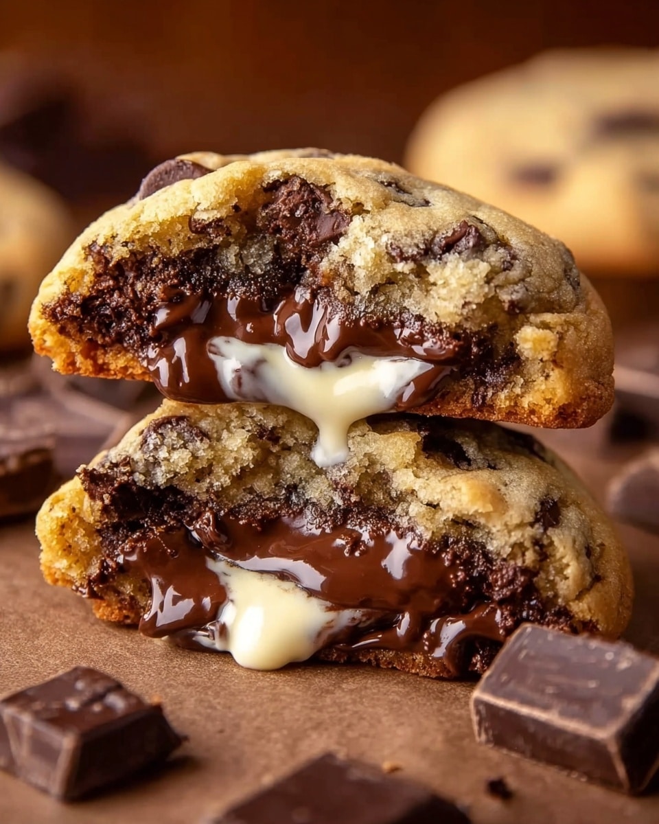 The image shows a close-up of a thick chocolate chip cookie broken in half, with two layers visible; the outer layer is golden brown, soft, and slightly crispy with chocolate chips embedded, while the inside is filled with a gooey, melted dark chocolate layer pouring out smoothly, mixed with a creamy white chocolate layer that adds contrast. The two cookie halves are stacked slightly off-center on a brown surface, and soft chocolate chunks are scattered around, giving a rich and warm feeling. The background is softly blurred and warm-toned. Photo taken with an iphone --ar 4:5 --v 7