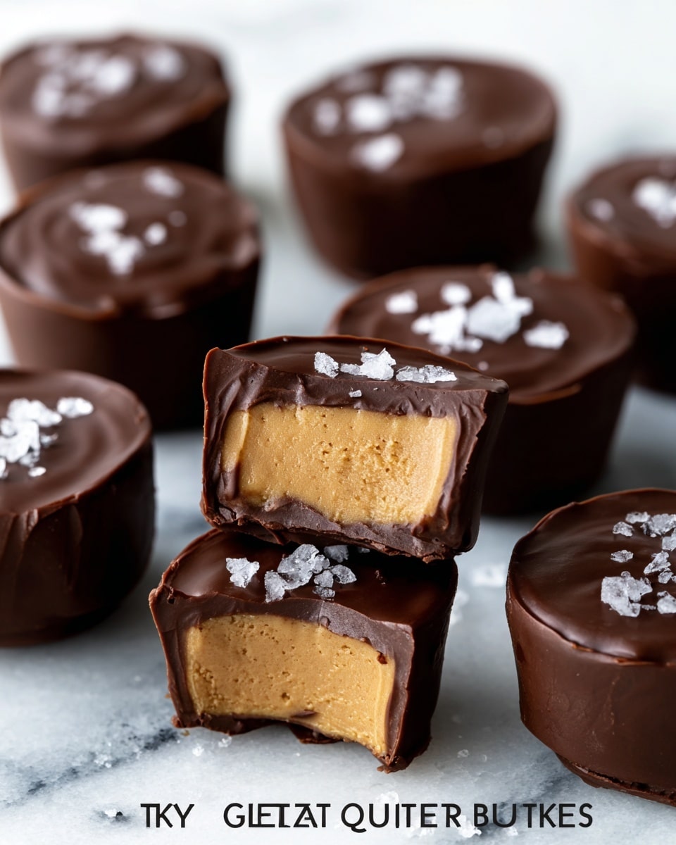 The image shows several small round bites covered in smooth, shiny dark chocolate, each topped with a few coarse, white salt flakes. One bite is cut open and held up close in the center, revealing two layers inside: the outer dark chocolate shell and a thick, creamy peanut butter-colored filling with a slightly textured surface. The bites are resting on a white marbled surface, and the lighting highlights the glossy chocolate and the finer salt details. photo taken with an iphone --ar 4:5 --v 7