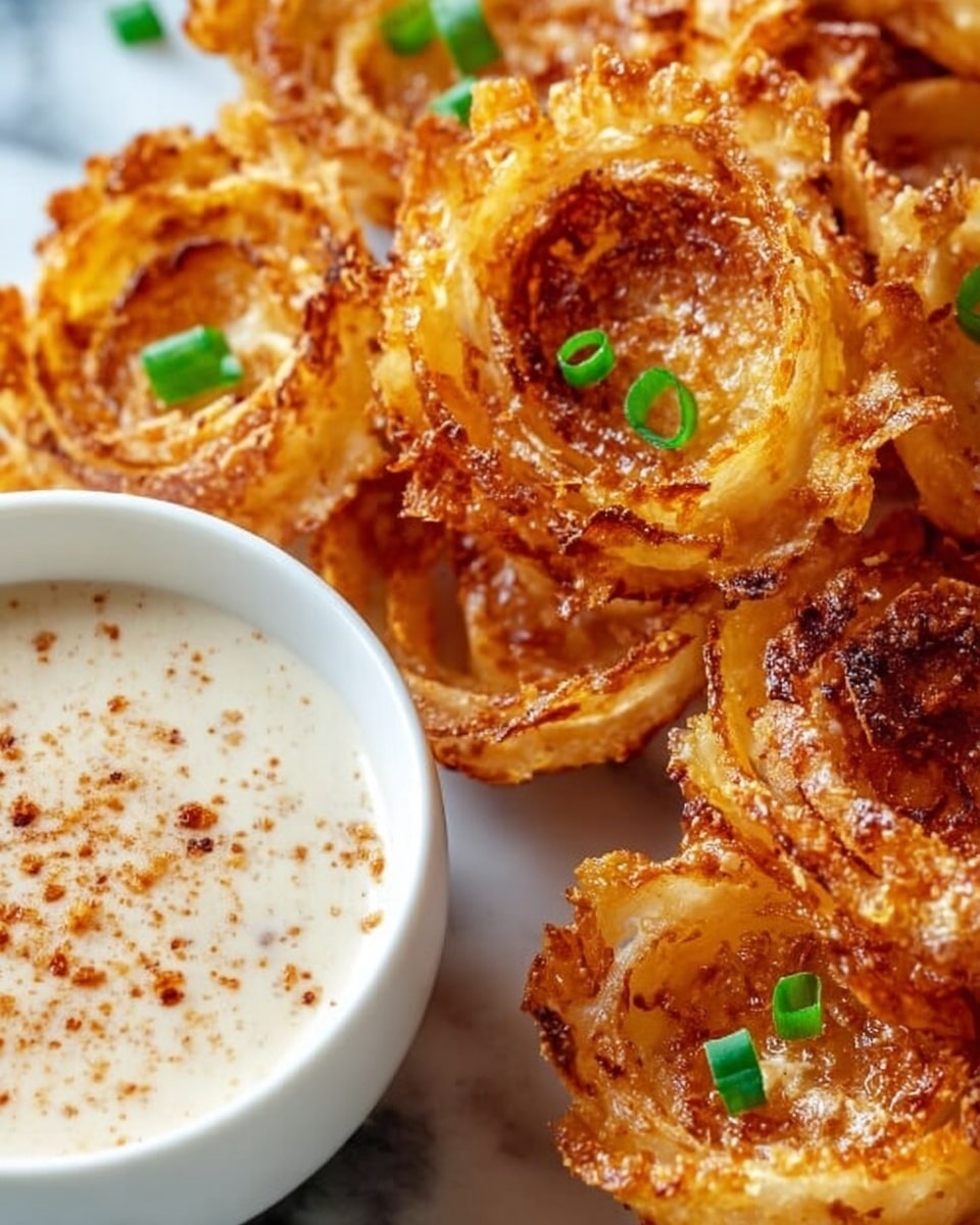 The image shows crispy golden-brown onion rings arranged closely together, each ring with a crunchy, textured surface and some browned edges, with a few small green onion pieces sprinkled on top for color. Next to the onion rings is a white bowl filled with creamy, light beige dipping sauce sprinkled with a bit of reddish seasoning and small green onion pieces on the surface. The background is a white marbled texture. photo taken with an iphone --ar 4:5 --v 7