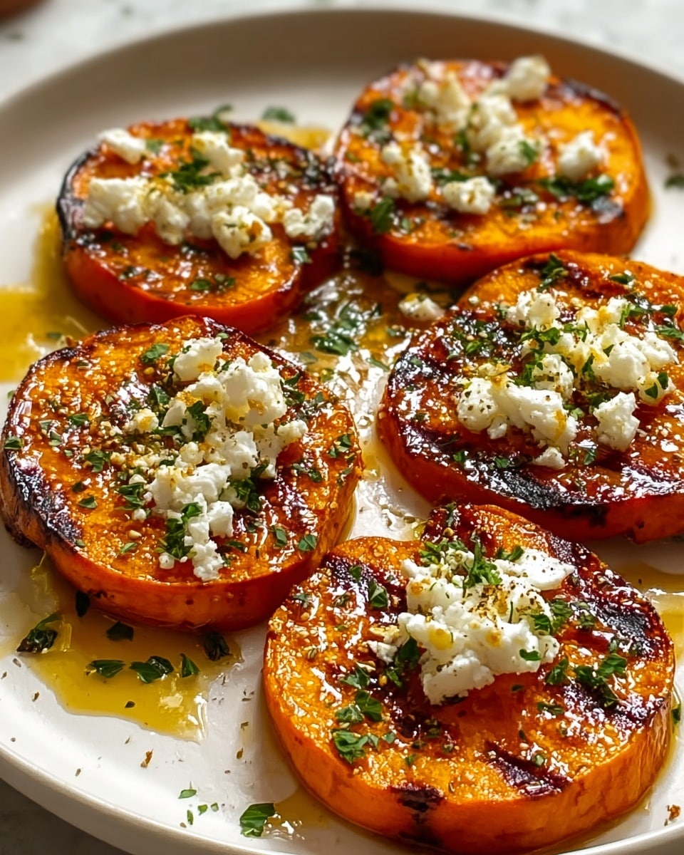 The image shows five thick, round slices of orange roasted sweet potato placed on a white plate. Each slice has a slightly charred, golden-brown surface with a shiny glaze of oil. On top of each roasted sweet potato slice, there is a small pile of white crumbly cheese, sprinkled with green herb pieces and a touch of black pepper. The oil pools gently around the slices, adding a glistening effect. The background features a white marbled texture. photo taken with an iphone --ar 4:5 --v 7