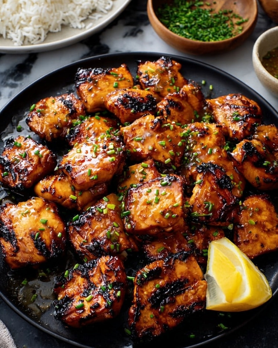 The image shows a black round plate filled with several chunks of grilled chicken. The chicken pieces are golden brown with a shiny glaze and some charred edges, sprinkled with small green herbs. At the top right on the plate, there is a wedge of lemon. The plate is on a white marbled surface, and around it, there are small bowls with green herbs, lemon slices, and a creamy dipping sauce. Photo taken with an iphone --ar 4:5 --v 7
