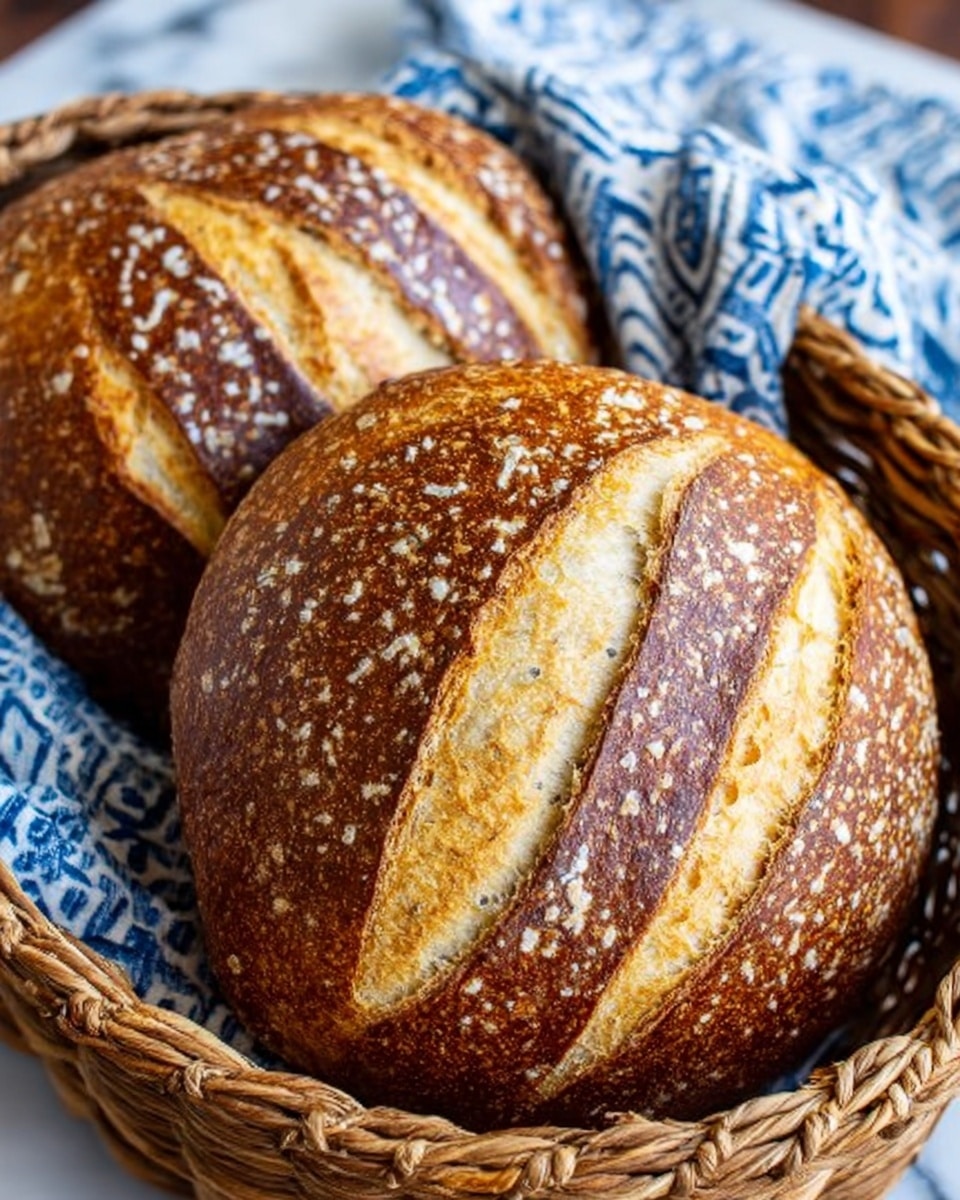 The image shows two round loaves of bread with a dark golden brown crust sprinkled with coarse salt. Each loaf has four deep diagonal cuts exposing the soft, light beige interior. The crust looks crispy and slightly shiny. The loaves are placed inside a woven basket on a white marbled surface with a blue and white cloth partially in view behind them. Photo taken with an iphone --ar 4:5 --v 7