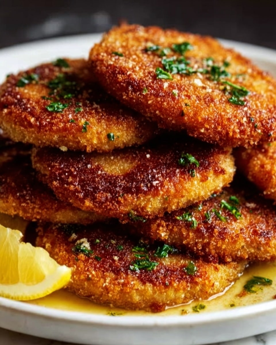 The image shows three pieces of breaded and fried cutlets stacked on a white plate, each cutlet golden brown with a crispy texture and some small green herbs sprinkled on top. A sliced lemon is partially visible in the background, adding a bright yellow contrast. The food looks juicy and crunchy, placing the cutlets slightly tilted to show their thickness and crumbly coating. The plate sits on a white marbled surface. photo taken with an iphone --ar 4:5 --v 7