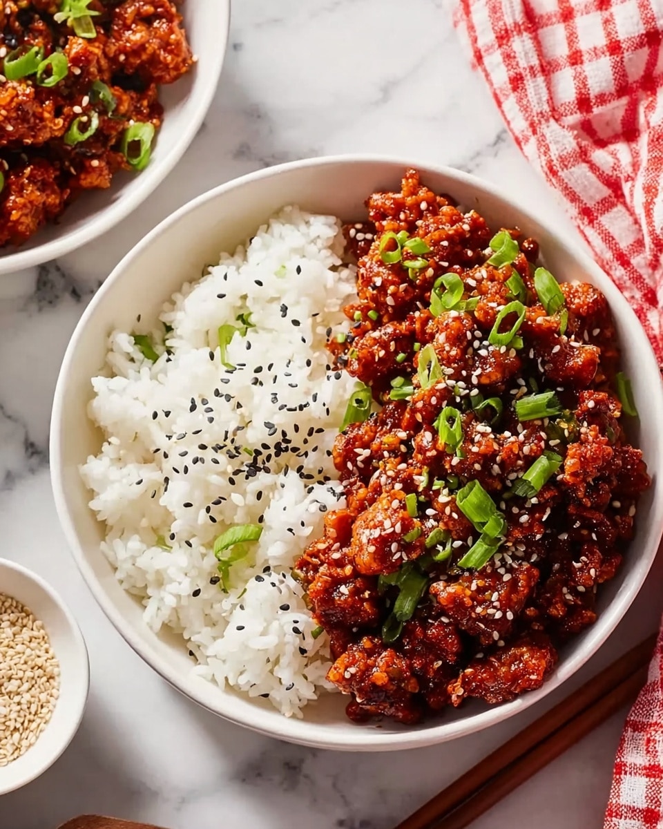 A white bowl on a white marbled surface holds a dish divided into two parts: one half is plain white rice with some black sesame seeds and small green onion pieces scattered on top, the other half is saucy cooked meat in a reddish-brown color, generously sprinkled with white sesame seeds and chopped green onions. A second white bowl with the same dish is partly visible in the background, along with a small white bowl of sesame seeds and a red and white checkered cloth on the side. photo taken with an iphone --ar 4:5 --v 7