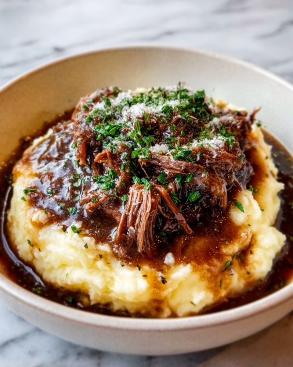 A white bowl holds a dish with three main layers. The bottom layer is creamy mashed potatoes, smooth and pale yellow. On top is tender shredded beef that looks soft and juicy, dark brown in color. The top layer is thick brown gravy poured over the beef, spilling slightly onto the mashed potatoes. Small green chopped herbs are sprinkled over the entire dish, adding fresh color. The bowl sits on a white marbled surface. Photo taken with an iphone --ar 4:5 --v 7