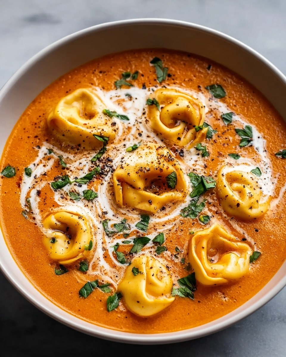 A grey bowl filled with creamy orange-red soup that has a smooth texture. Floating on the soup are about eight tortellini pieces, light yellow in color with a soft, folded shape. There are white swirls of cream on the surface, creating a marbled effect. Green herb pieces, likely basil, are scattered on top, along with small black pepper flakes. The bowl sits on a dark surface but the overall focus is on the soup inside. photo taken with an iphone --ar 4:5 --v 7