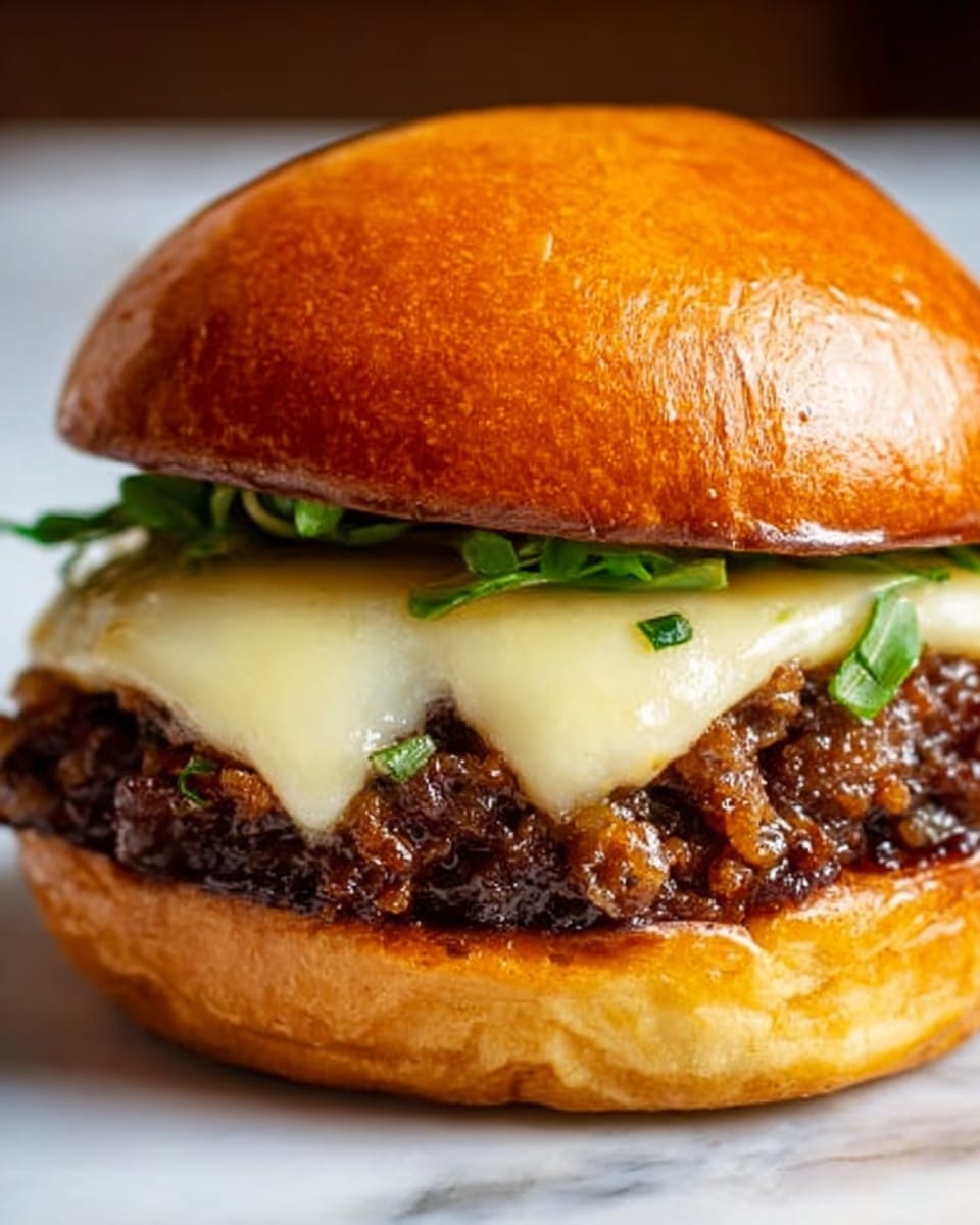 The image shows a close-up of a burger with three main layers clearly visible: a shiny golden brown top bun with a smooth texture, a thick layer of dark brown cooked mushrooms mixed with onions that looks juicy and slightly glossy, and a creamy melted cheese layer that covers the mushrooms and drapes down slightly. The bottom bun is soft and light beige, providing a base for the filling. Small green parsley leaves are sprinkled near the burger. The background is a white marbled texture. Photo taken with an iphone --ar 4:5 --v 7