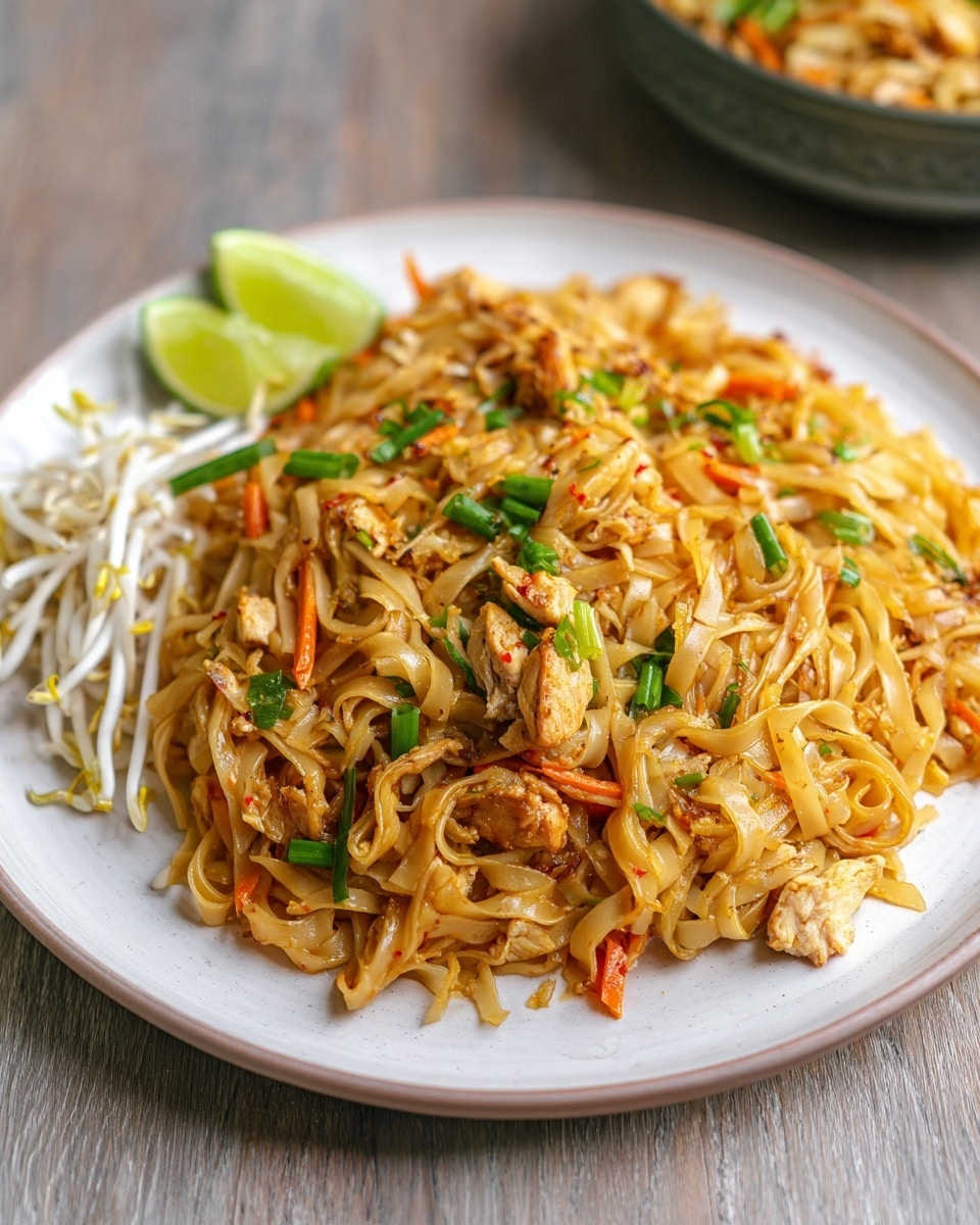 A white plate filled with stir-fried flat rice noodles in a golden-brown color mixed with pieces of cooked chicken meat, small chopped bright orange carrot strips, and green chopped scallions scattered on top. On the left side of the noodles, there is a small bunch of white bean sprouts and a wedge of bright green lime placed next to them. The noodles have a slightly shiny texture, indicating a light sauce coating, and there are tiny red chili flakes sprinkled throughout. The plate is set on a white marbled surface with a soft focus bowl filled with more bean sprouts visible in the background. photo taken with an iphone --ar 4:5 --v 7