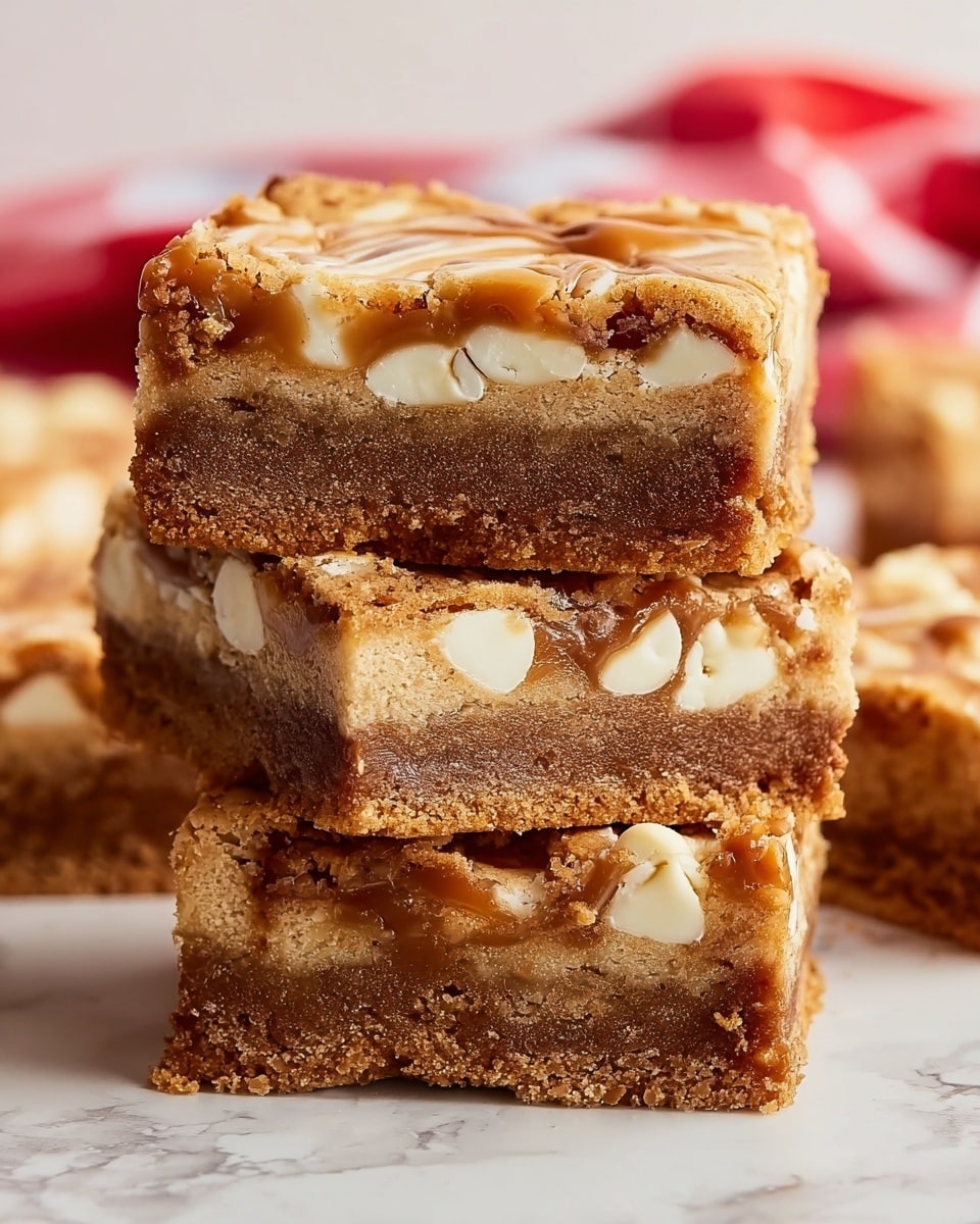 Three stacked squares of thick blondies are shown close up on a white marbled surface. Each blondie has two main layers: a dense, golden-brown bottom layer with small holes, and a lighter top layer filled with visible white chocolate chips and swirls of glossy caramel. The blondies have a crumbly texture on top with some pieces slightly breaking off. Scattered blondie pieces and white chocolate chips are around the stack, and a red and white cloth is blurred in the background. The image is bright and detailed, showing the soft and chewy texture of the dessert. photo taken with an iphone --ar 4:5 --v 7