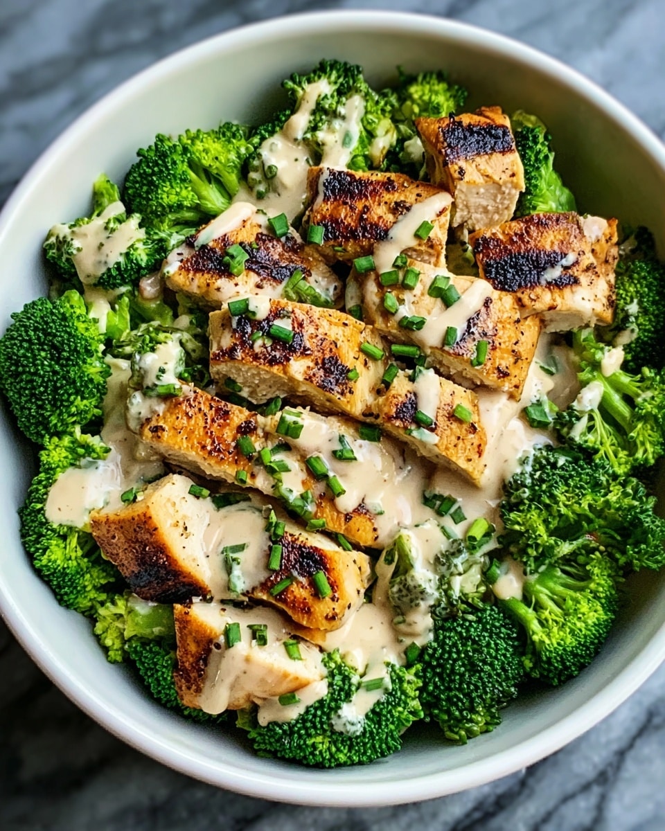 A white bowl filled with a base layer of bright green broccoli florets, arranged around the edges and some underneath. On top of the broccoli, there is a layer of grilled chicken pieces, golden-brown with visible grill marks, laid out evenly across the center. The chicken is covered with a creamy, light-colored sauce drizzled generously, sprinkled with small green herbs for garnish. The bowl sits on a white marbled surface. Photo taken with an iphone --ar 4:5 --v 7