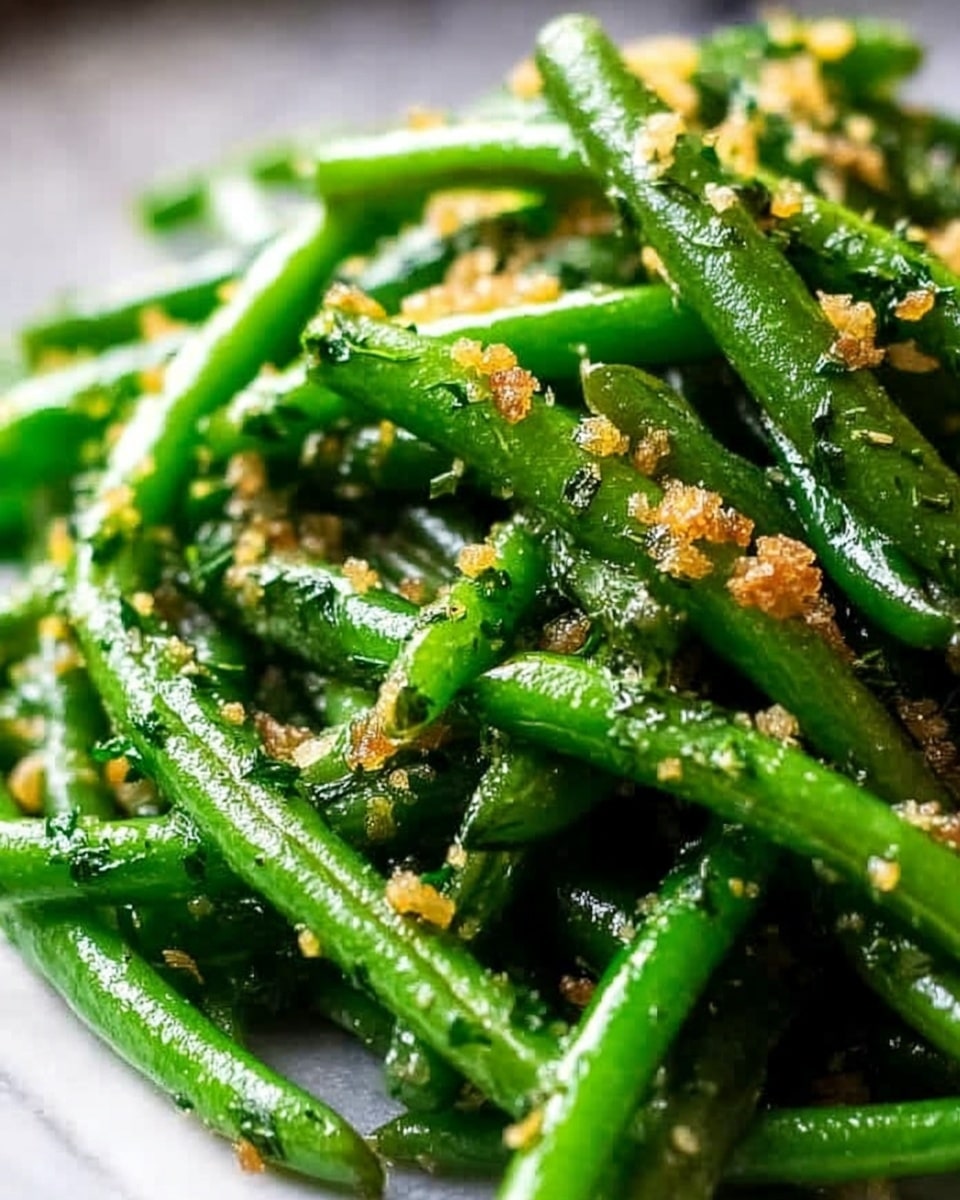 The image shows a close-up view of bright green cooked green beans piled on a white plate with crumbs of toasted, golden-brown breadcrumbs scattered evenly on top. The green beans are shiny and slightly rough in texture, with the breadcrumbs adding a crunchy contrast on their surface. The background is a white marbled texture, softly blurred to keep the focus on the crisp, fresh green beans. Photo taken with an iphone --ar 4:5 --v 7