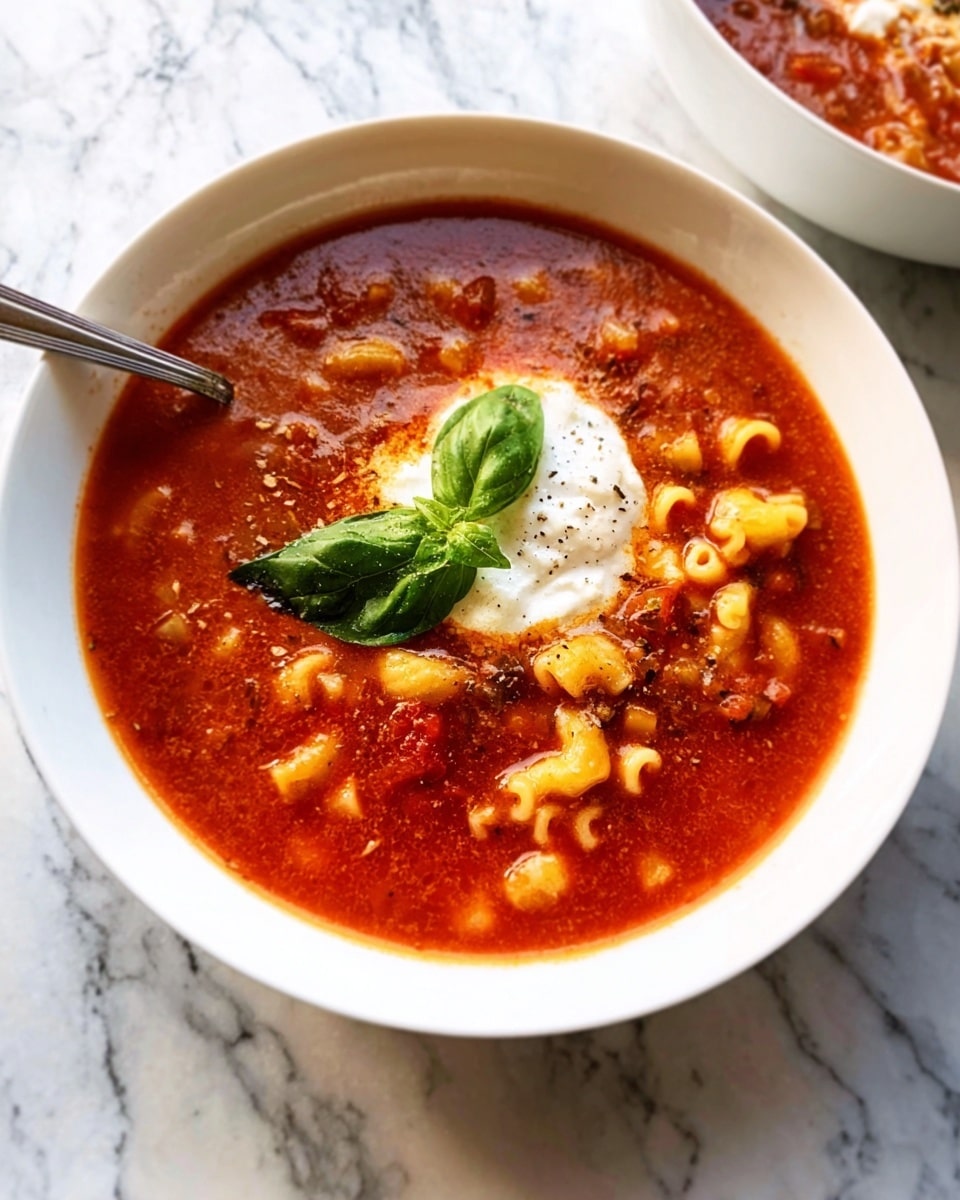 A white bowl filled with rich red soup that has pieces of pasta and small bits of vegetables throughout, topped with a creamy white dollop and a fresh green basil leaf. The soup looks thick and hearty, with a spoon placed inside the bowl on the left side. The bowl is set on a white marbled surface. photo taken with an iphone --ar 4:5 --v 7