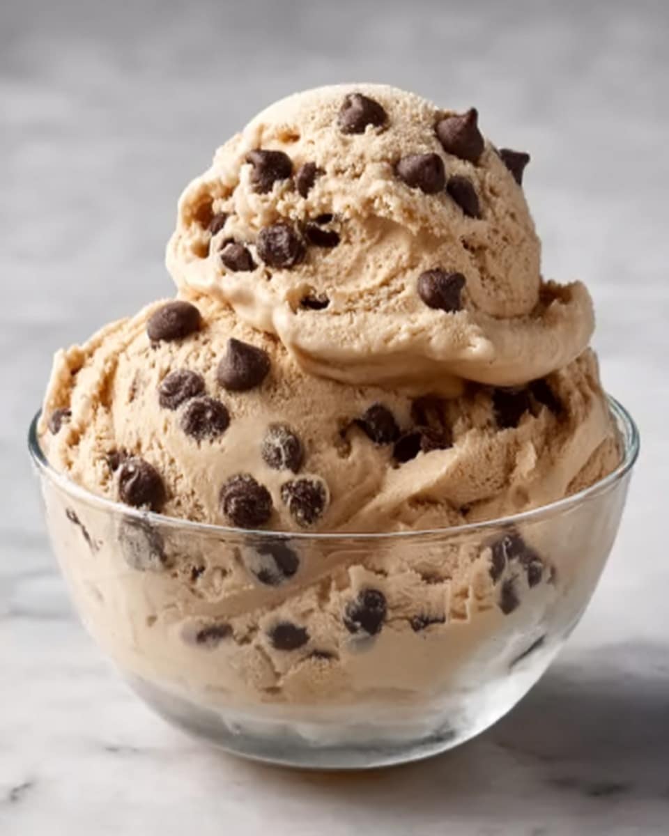 The image shows a clear glass bowl filled with three large scoops of light brown cookie dough ice cream, mixed with many dark brown chocolate chips scattered throughout. The ice cream scoops have a creamy texture with visible swirls and chunks, sitting on top of each other inside the bowl. The background is a white marbled texture. Photo taken with an iphone --ar 4:5 --v 7
