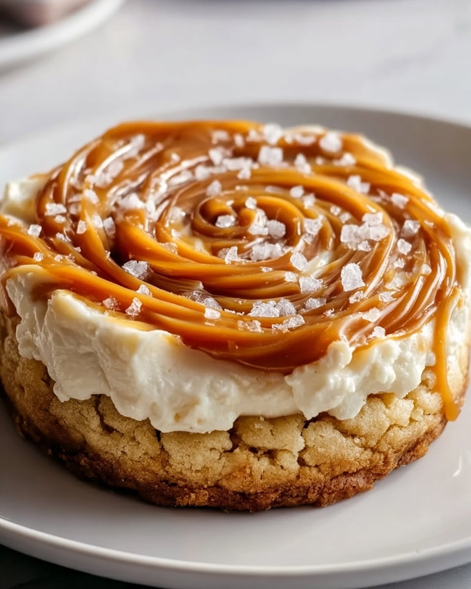 A thick cookie with a cracked golden-brown base forms the bottom layer, topped with a creamy white layer of soft frosting spreading unevenly across the surface. On top, caramel sauce is swirled in a spiral pattern, glistening with a smooth, glossy texture. Large crystals of salt are scattered over the caramel, adding a touch of sparkle and contrast. The cookie sits on a white plate, which is placed on a white marbled surface in soft natural light, showing rich textures and colors. Photo taken with an iphone --ar 4:5 --v 7
