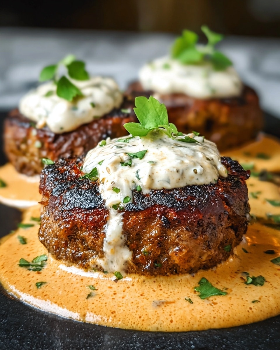 The image shows three thick round meat patties, each with a dark brown grilled crust and juicy texture. They sit in a creamy orange sauce that spreads underneath and around them. On top of each patty is a dollop of white creamy sauce, sprinkled with small green herb pieces, with a small leaf garnish on the very top. The dish is on a black plate placed on a white marbled surface. Photo taken with an iphone --ar 4:5 --v 7