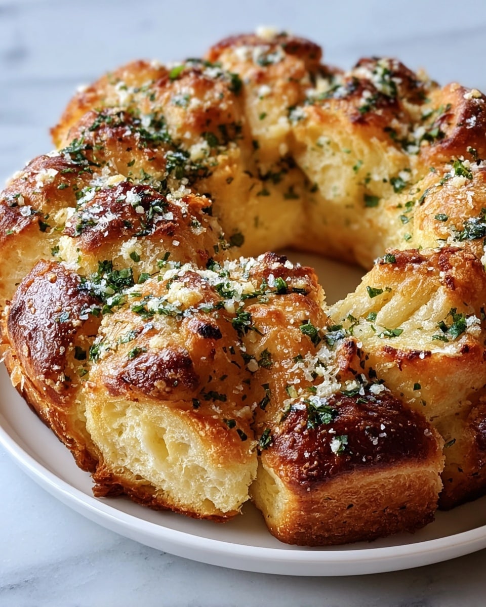 A close-up view of a golden brown pull-apart bread arranged in a circular shape with about 12 fluffy soft rolls connected in a ring. Each roll has a crunchy dark brown crust on the edges and a lighter, fluffy yellowish inside. The bread is sprinkled with grated white cheese and finely chopped green herbs evenly on top, adding texture and color contrast. The bread sits on a plain white plate with a white marbled texture background. photo taken with an iphone --ar 4:5 --v 7