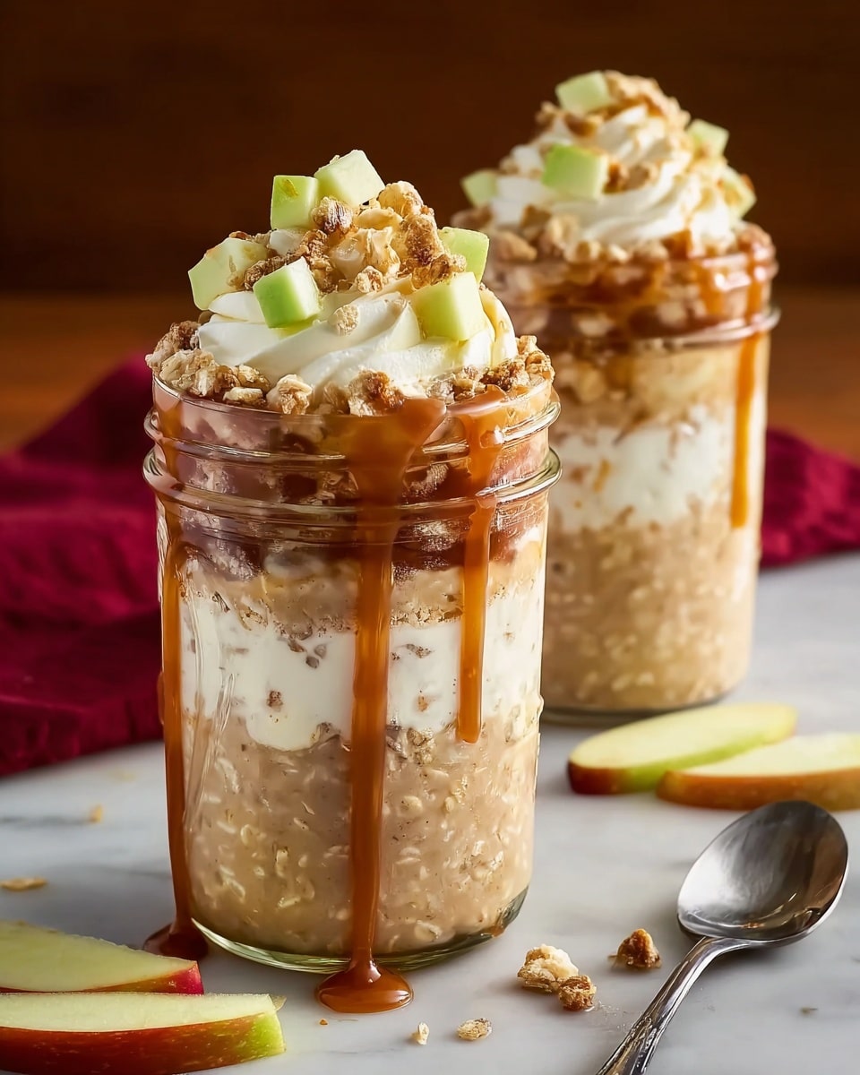 The image shows two clear glass jars filled with three distinct layers of a dessert. The bottom layer is a creamy oatmeal base with visible oats giving a textured look. The middle layer is a smooth caramel-colored pudding or yogurt that contrasts with the oats. On top, there is a thick swirl of white whipped cream, sprinkled with small light brown granola pieces and small green apple cubes. A shiny, rich caramel sauce is drizzled generously over the whipped cream and drips down the sides of each jar. The jars rest on a wooden surface covered partly by a red cloth, with sliced green apple pieces and granola scattered around. Photo taken with an iphone --ar 4:5 --v 7