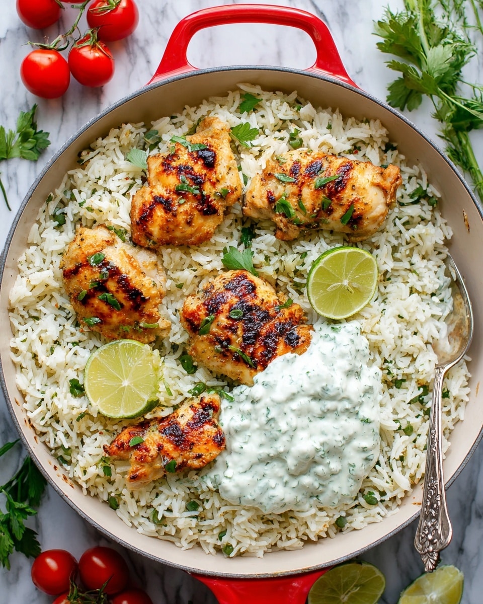 A white pan with red handles is filled with a base layer of fluffy white rice mixed with small green herb pieces, topped with five pieces of grilled chicken that have a golden-brown, slightly charred surface and scattered green herb leaves. There is a dollop of creamy white sauce with green herbs on one side, and two lime wedges placed on top of the rice next to the sauce. A silver spoon is partially submerged in the rice near the lime wedges. The pan is set on a white marbled surface with sprigs of green herbs and small red tomatoes scattered around. photo taken with an iphone --ar 4:5 --v 7