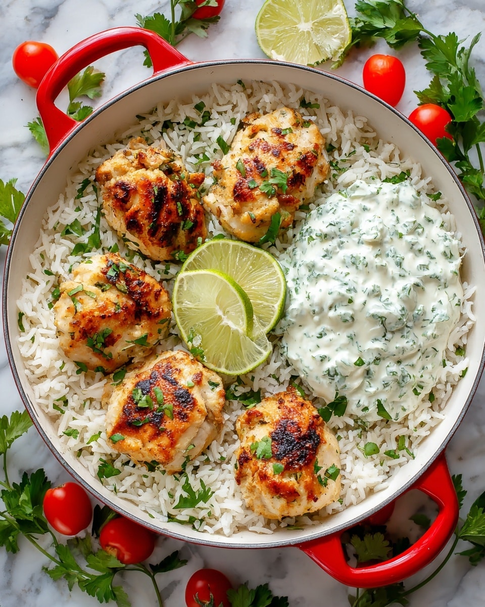 A white pan with bright red handles is filled with a base layer of fluffy white rice, topped with five golden brown grilled chicken pieces evenly spaced around the pan. On one side, there is a dollop of creamy white sauce mixed with green herbs. Two lime wedges rest on the rice near the sauce. Fresh green parsley leaves are sprinkled over the chicken and rice. The pan sits on a white marbled surface scattered with parsley leaves and small bright red cherry tomatoes. photo taken with an iphone --ar 4:5 --v 7