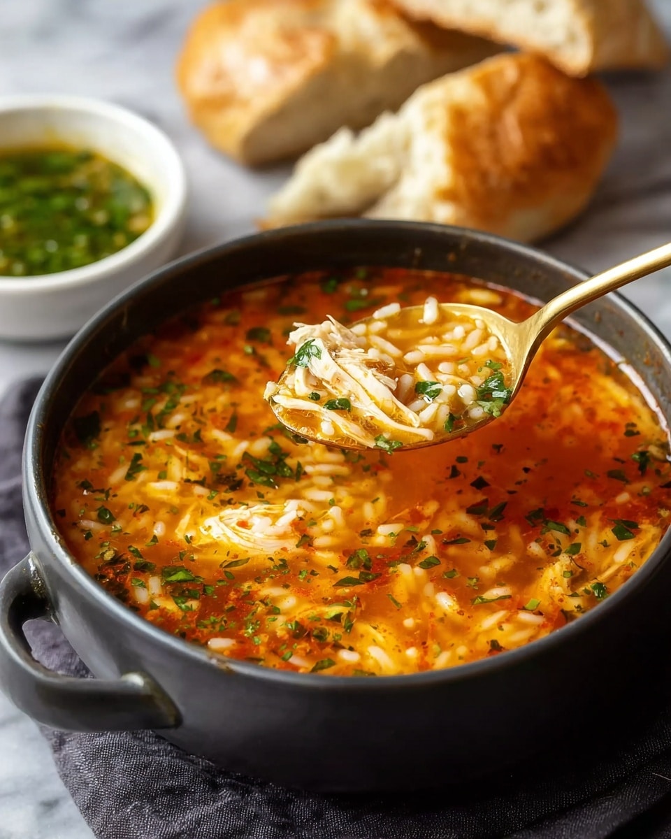 The image shows a dark gray soup pot filled with orange-red broth, with visible white chunks of chicken and small grains of rice mixed with green herbs floating on top, giving a textured look. A gold spoon inside the pot scoops the soup, showing the same mixture of chicken, rice, and greens. In the background, there is a small white bowl with green sauce and two pieces of crusty light brown bread on a white marbled surface. Photo taken with an iphone --ar 4:5 --v 7