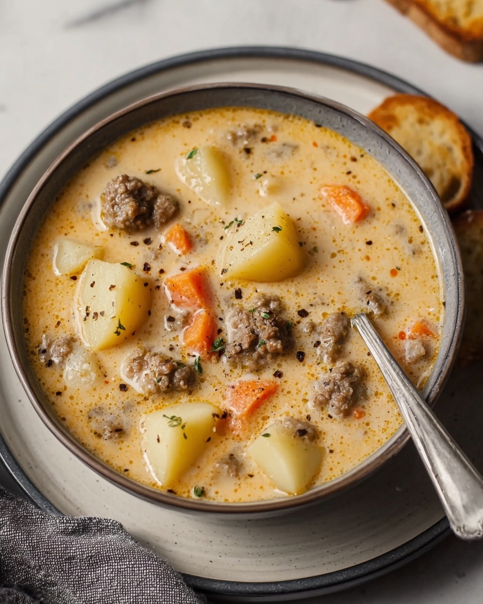 A bowl of creamy soup filled with four light yellow potato chunks and several small, dark brown meat pieces scattered throughout, along with tiny orange carrot cubes and green herb flecks floating in the light beige broth. A silver spoon rests inside the bowl on the right side. The bowl is white with a thin blue rim and sits on a matching white plate, with a white marbled surface underneath and a piece of toasted bread to the right of the plate. photo taken with an iphone --ar 4:5 --v 7