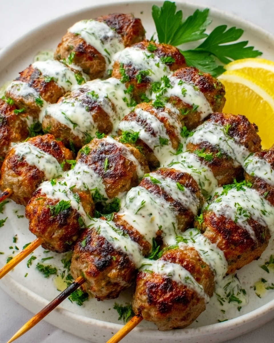 The image shows six grilled meat skewers placed closely on a white plate. Each skewer has evenly shaped, golden-brown grilled meat pieces with a slightly crispy texture on the outside. A green herb sauce is drizzled in straight lines over the skewers, contrasting with the meat’s brown color. The plate rests on a white marbled surface, and the overall look is fresh and appetizing. photo taken with an iphone --ar 4:5 --v 7