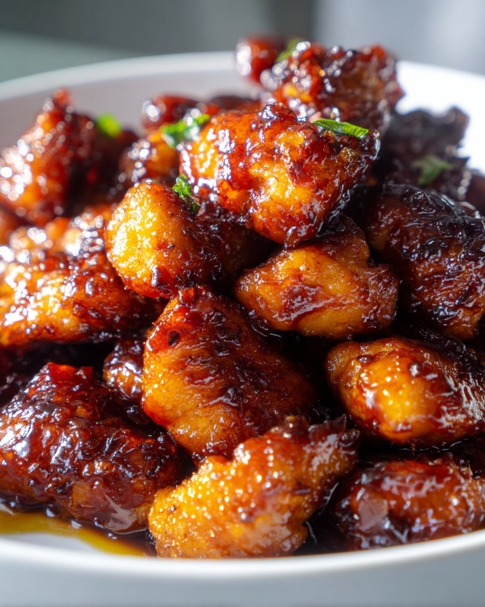 The image shows a close-up of crispy, golden brown chicken pieces coated in a thick, sticky dark caramelized sauce. Each piece looks slightly charred in parts, giving a caramelized texture with a glossy finish. The chicken chunks are piled high in a white bowl, and the rich sauce pools at the bottom, adding a shiny wet look to the dish. The photo’s focus is tight on the chicken, highlighting the texture and color variations on each piece, with a softly blurred white marbled background. Photo taken with an iphone --ar 4:5 --v 7